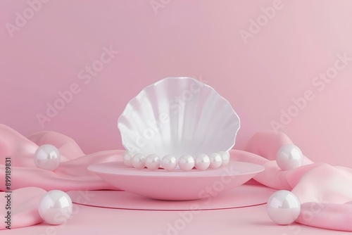 3d product stage, podium, minimalistic, pink background, shellshaped, white marble plate and pearls, modern aesthetic photo