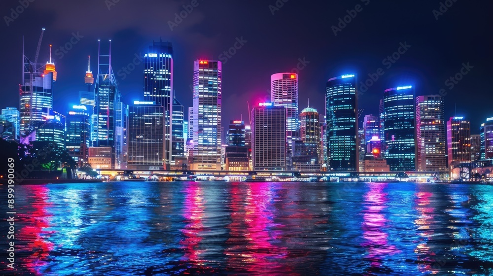 Fototapeta premium A skyline view with buildings lit up in different colors, creating a spectacular night scene.