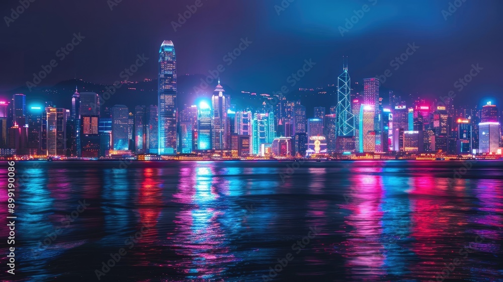 Fototapeta premium A skyline view with buildings lit up in different colors, creating a spectacular night scene.