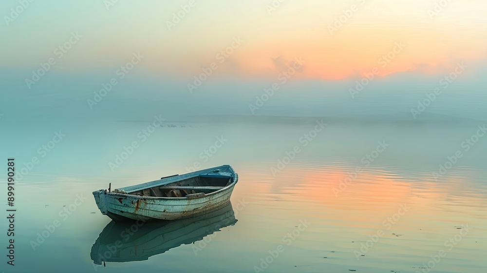 Naklejka premium A small, rustic fishing boat anchored in a lagoon at dawn, with mist rising from the water.