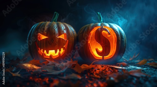 Spooky Halloween scene with two glowing jack-o'-lanterns, one with a toothy grin and the other with a money symbol, amidst fallen leaves.