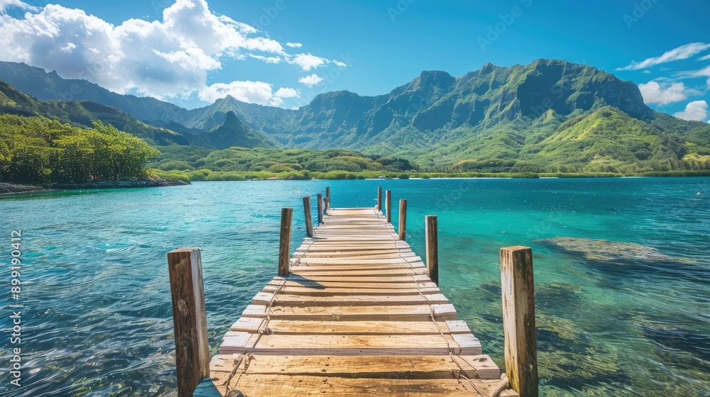 A small wooden pier extending into a lagoon with a mountain backdrop and clear skies. A small wooden pier extending into a lagoon with a mountain backdrop and clear skies.