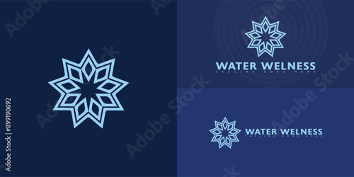 Abstract spiral water icon logo in blue color isolated on multiple background colors. The logo is suitable for Filtered Water Cooler Company logo design inspiration templates.