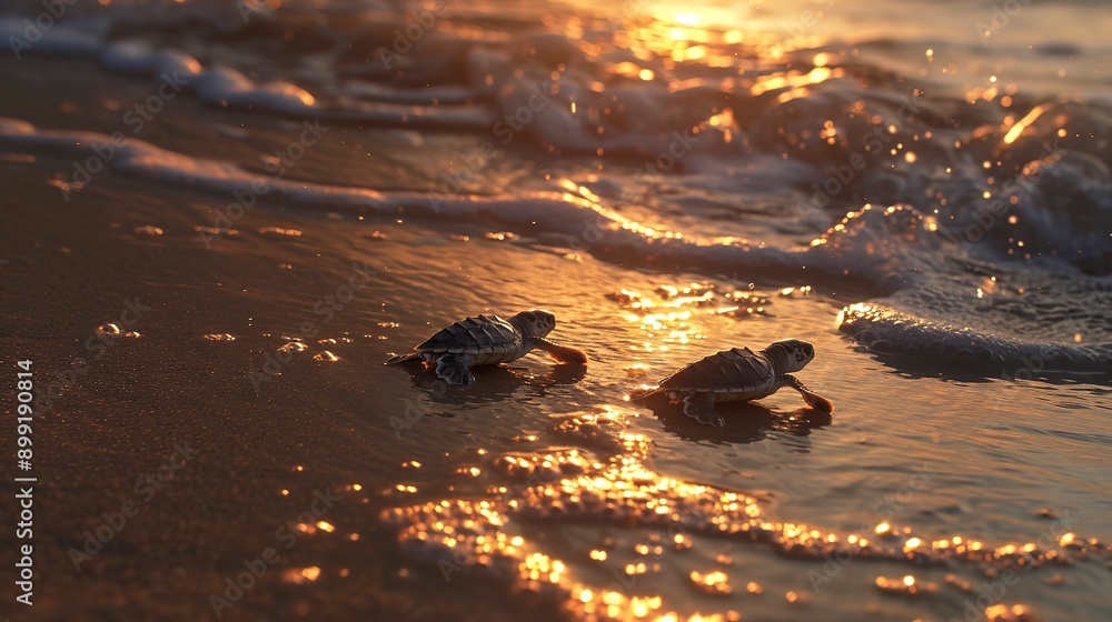 Baby turtles walk on beach at dusk Baby turtles walk on beach at dusk