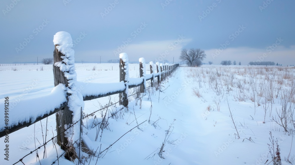 A snow-covered fence line stretching into the distance, with fields on either side. A snow-covered fence line stretching into the distance, with fields on either side.