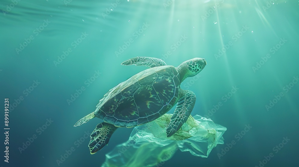Fototapeta premium World turtle day and Ocean environmental day. Turtle with plastic in the water .Save sea plastic pollution.Climate change, Environmental CSR. copy space 