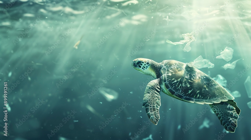 Fototapeta premium World turtle day and Ocean environmental day. Turtle with plastic in the water .Save sea plastic pollution.Climate change, Environmental CSR. copy space 