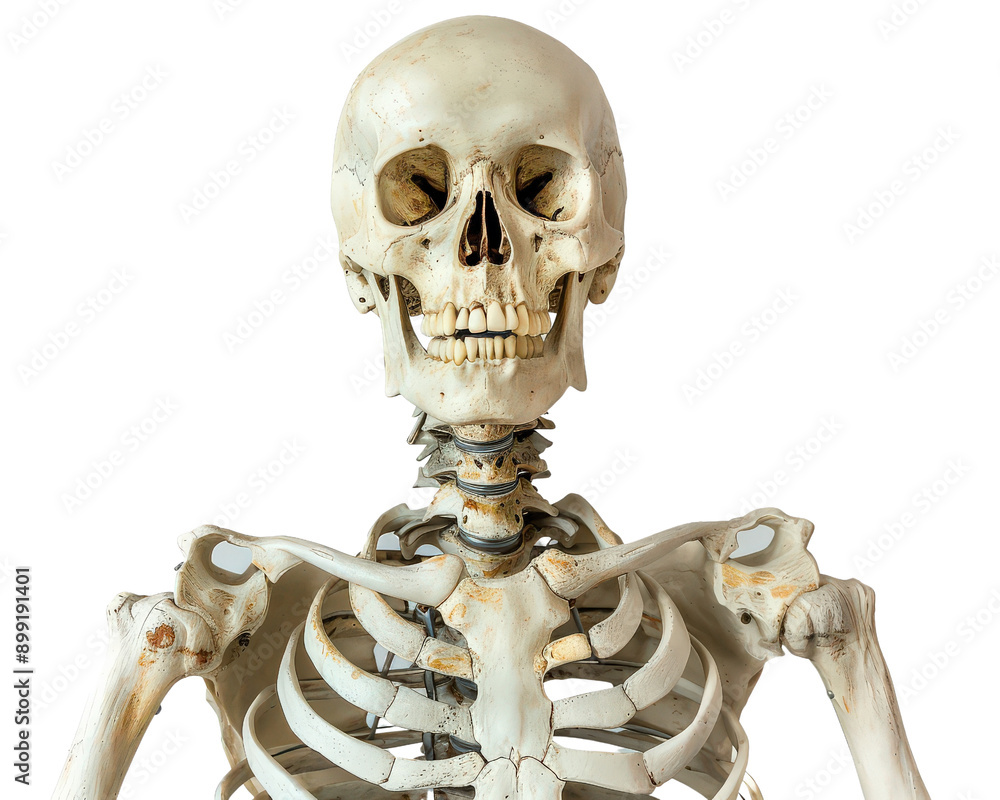 A skeleton is shown with its head turned to the side. The skeleton is white and has a very eerie and creepy appearance A skeleton is shown with its head turned to the side. The skeleton is white and has a very eerie and creepy appearance
