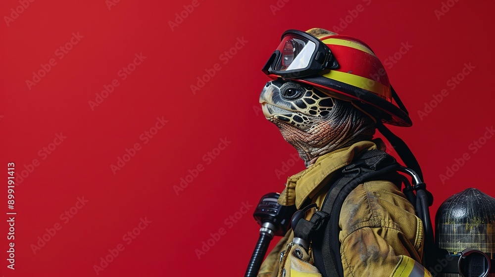 Firefighter turtle in uniform and protective gear on red background Firefighter turtle in uniform and protective gear on red background
