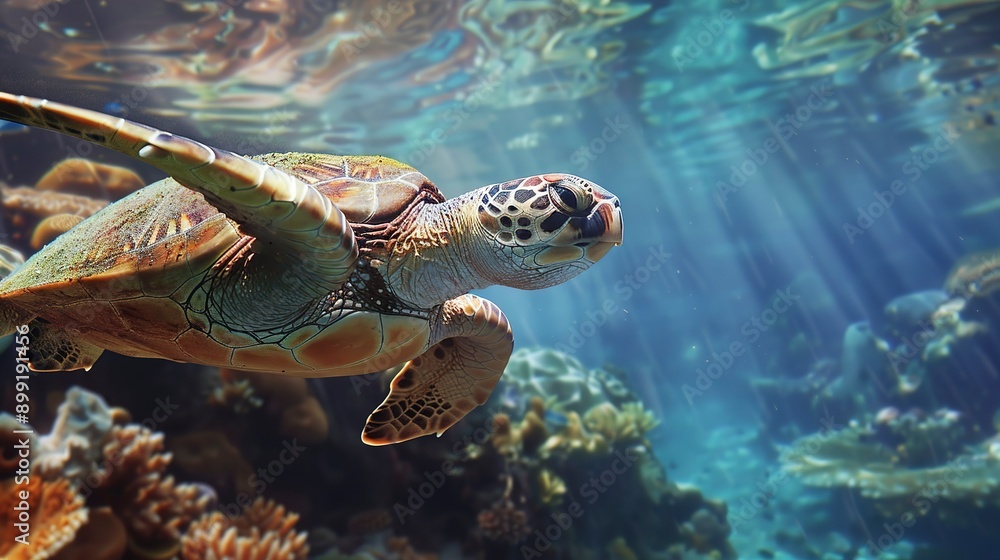 Naklejka premium Realistic photo of a turtle in the sea with a beautiful coral reef background. 