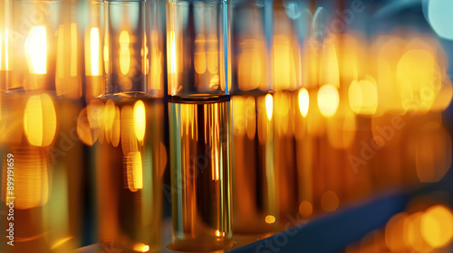 A row of test tubes filled with yellow liquid photo