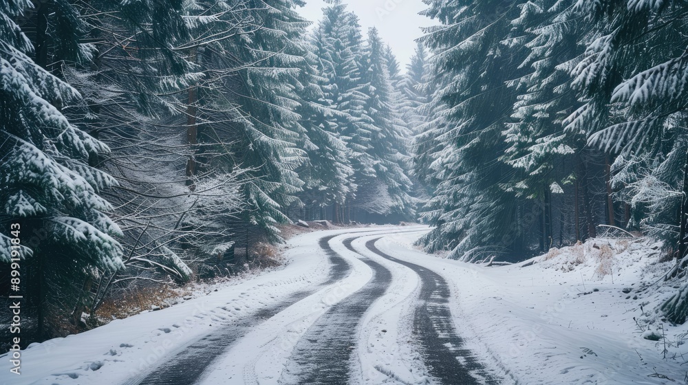 A snow-covered road winding through a dense forest with tall pine trees. A snow-covered road winding through a dense forest with tall pine trees.