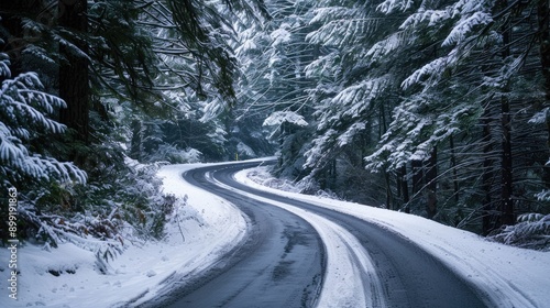 A snow-covered road winding through a dense forest with tall pine trees.