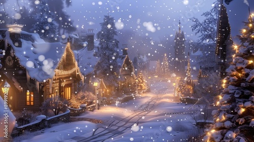 Wallpaper Mural A snow-covered village with charming houses and twinkling holiday lights. Torontodigital.ca