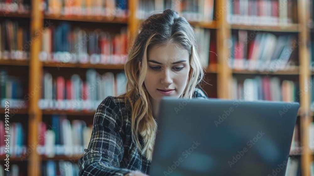 Focused student working on a laptop in a library surrounded by bookshelves, engaged in research or study, enhancing knowledge and education. Focused student working on a laptop in a library surrounded by bookshelves, engaged in research or study, enhancing knowledge and education.