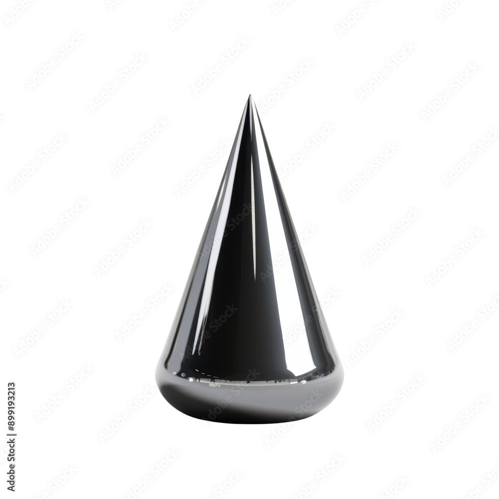 A shiny, metallic teardrop shape against a white background. Minimalist geometric design. A shiny, metallic teardrop shape against a white background. Minimalist geometric design.