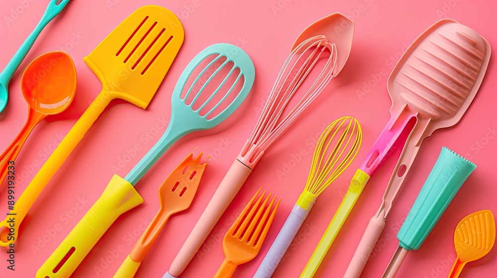 A top view of colorful plastic kitchen utensils including spatulas, whisks, and basting brushes. A top view of colorful plastic kitchen utensils including spatulas, whisks, and basting brushes.