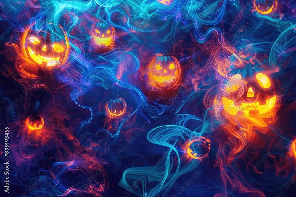 Abstract swirls of glowing neon pumpkins and ghostly faces Abstract swirls of glowing neon pumpkins and ghostly faces