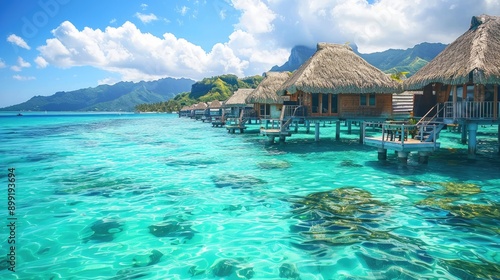 A tropical lagoon with overwater bungalows and vibrant blue water.