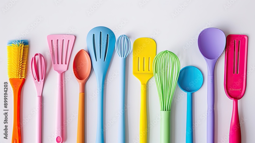A variety of silicone spatulas, whisks, and basting brushes in vibrant colors on a white background. A variety of silicone spatulas, whisks, and basting brushes in vibrant colors on a white background.