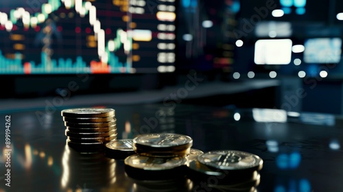 Stacks of coins on a sleek dark table represent financial growth with a dartboard in the background, symbolizing strategic investment in a business setting.