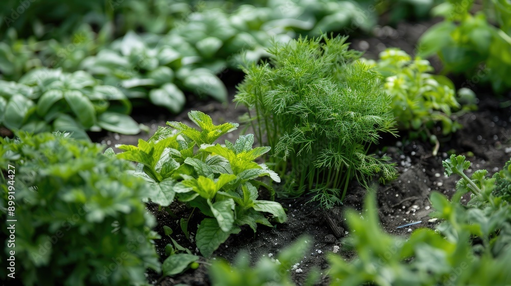A vegetable plot with a mix of herbs, including mint, parsley, and dill, growing in small sections. A vegetable plot with a mix of herbs, including mint, parsley, and dill, growing in small sections.