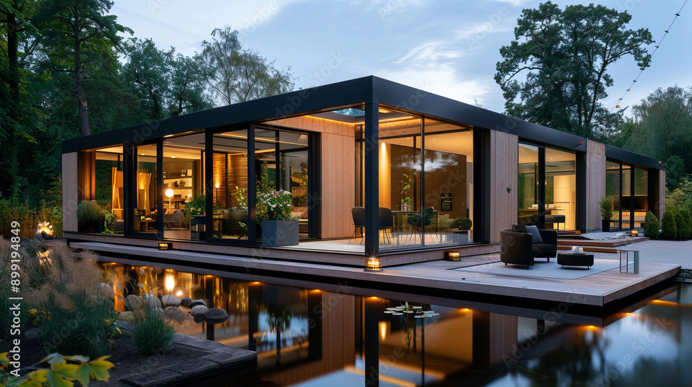 Obraz premium Modern glass house surrounded by nature with wooden deck and outdoor seating, reflecting on a serene pond at dusk.