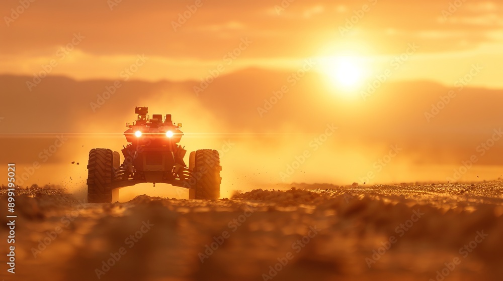 Fototapeta premium Off-road vehicle speeding through a dusty desert at sunset, creating a dramatic and adventurous scene with warm golden tones.