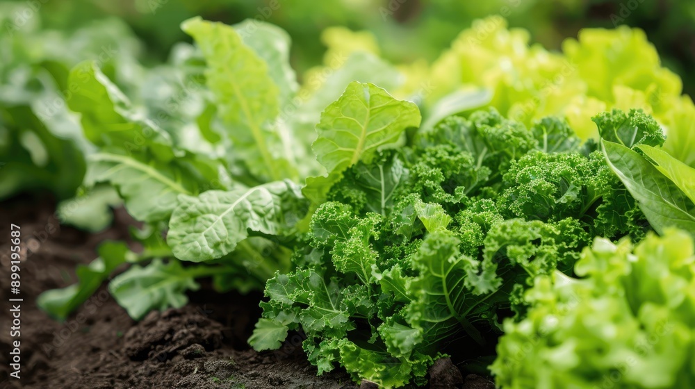 A vegetable plot with leafy spinach, kale, and lettuce growing in abundance. A vegetable plot with leafy spinach, kale, and lettuce growing in abundance.