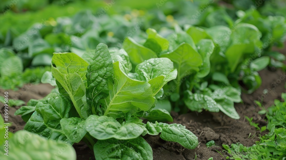 A vegetable plot with thriving spinach and lettuce plants, growing in abundance. A vegetable plot with thriving spinach and lettuce plants, growing in abundance.