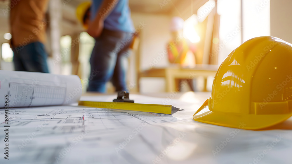 Close-up of construction plans and a safety helmet on a desk, with workers in the background, emphasizing workplace safety and collaboration. Close-up of construction plans and a safety helmet on a desk, with workers in the background, emphasizing workplace safety and collaboration.