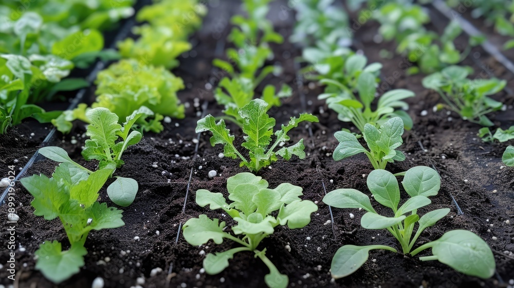 A vegetable plot with young seedlings of different vegetables, ready to grow and flourish. A vegetable plot with young seedlings of different vegetables, ready to grow and flourish.