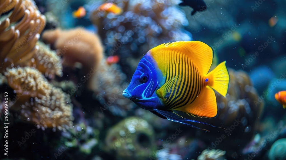 A vibrant angelfish navigating through a lush underwater garden. A vibrant angelfish navigating through a lush underwater garden.