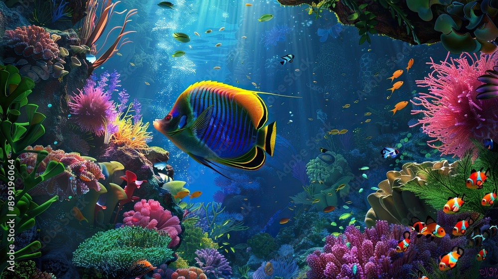 Fototapeta premium A vibrant angelfish navigating through a lush underwater garden.