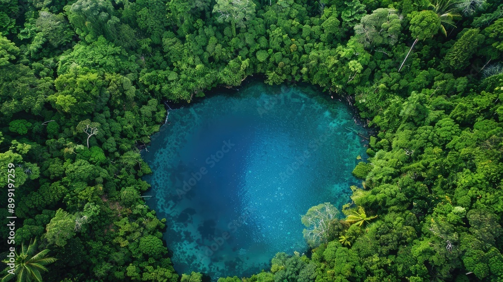 Aerial view of a hidden lagoon nestled in a dense rainforest, showing the vibrant blue water. Aerial view of a hidden lagoon nestled in a dense rainforest, showing the vibrant blue water.