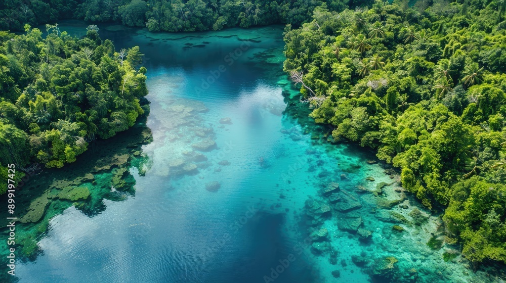 Aerial view of a lagoon surrounded by dense forest and clear, blue water. Aerial view of a lagoon surrounded by dense forest and clear, blue water.