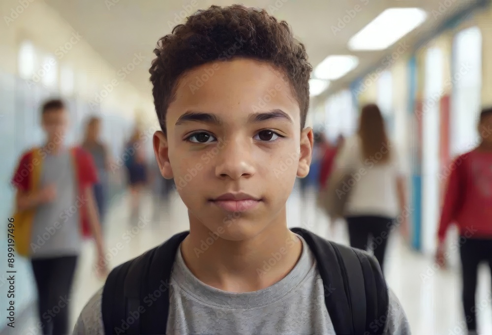 portrait of a gender-neutral mixed race teenager in a school hallway portrait of a gender-neutral mixed race teenager in a school hallway