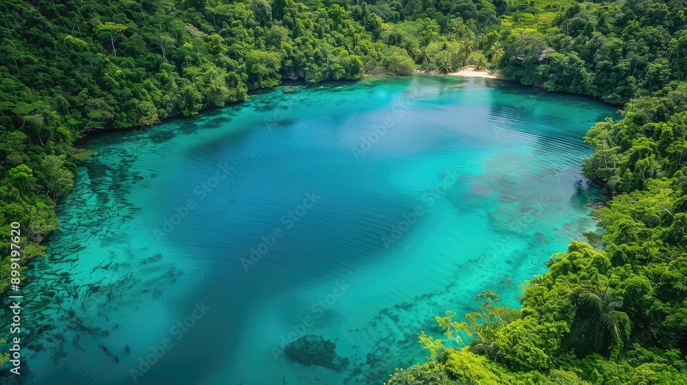 Aerial view of a lagoon with vibrant turquoise water and lush green surroundings. Aerial view of a lagoon with vibrant turquoise water and lush green surroundings.