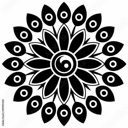 mandala design of a peacock black and white with elaborate feather patterns, white background