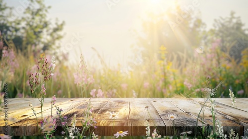 Fototapeta Naklejka Na Ścianę i Meble -  Wooden Table in a Sunlit Meadow with Wildflowers