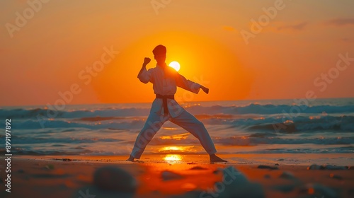 Silhouette of karate man training on the beach at sunset. photo