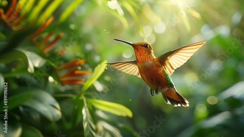 Hummingbird flying in the jungle. Wildlife scene from tropics. photo