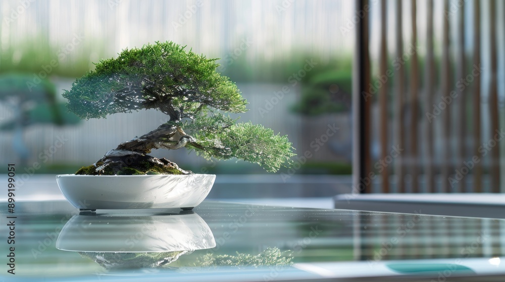Bonsai tree with a modern twist, placed in a sleek, minimalist white pot on a glass table. Bonsai tree with a modern twist, placed in a sleek, minimalist white pot on a glass table.