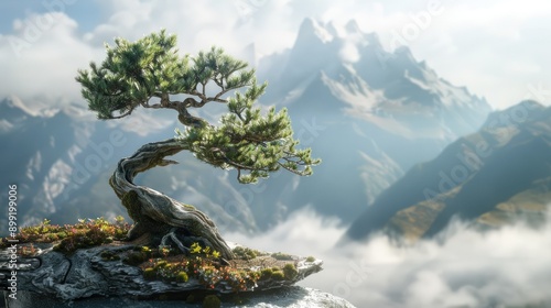 Bonsai tree with a dramatic mountain landscape in the background, creating a picturesque scene.