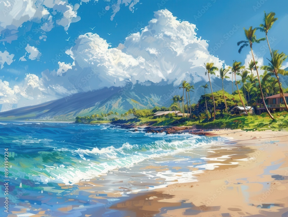Naklejka premium Panorama of a Hawaiian beach, gentle waves, white sand, palm trees, beachfront houses, Generative AI, vibrant and peaceful, clear blue sky, tropical ambiance