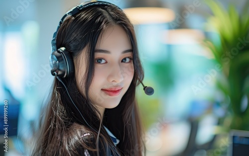 Smiling young woman in japanese customer service with long hair, talking through a headset with a beautifully blurred background