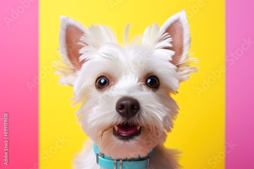 generated illustration of headshot portrait of surprised dog on bright colors background © seanzheng