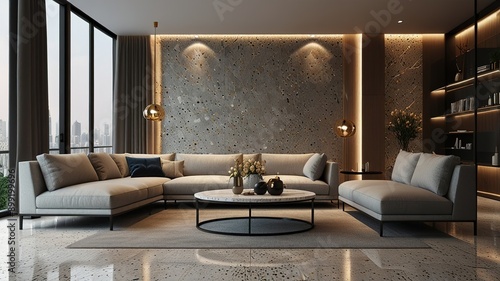Modern style luxury interior with city view 3d render, There are terrazzo floor decorated wall with hidden light