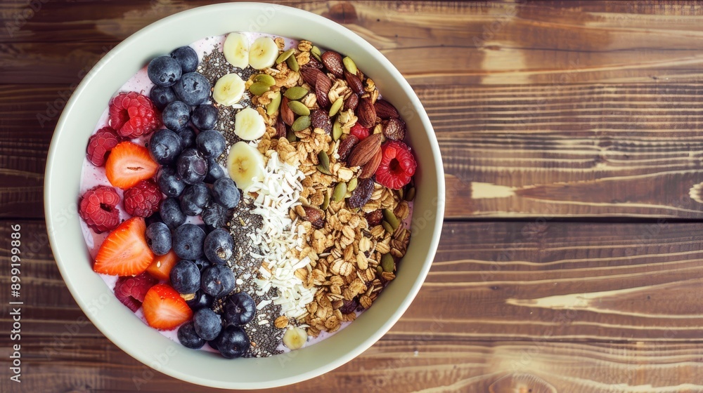 Smoothie bowl with colorful fruits, granola, and chia seeds arranged artistically. Smoothie bowl with colorful fruits, granola, and chia seeds arranged artistically.