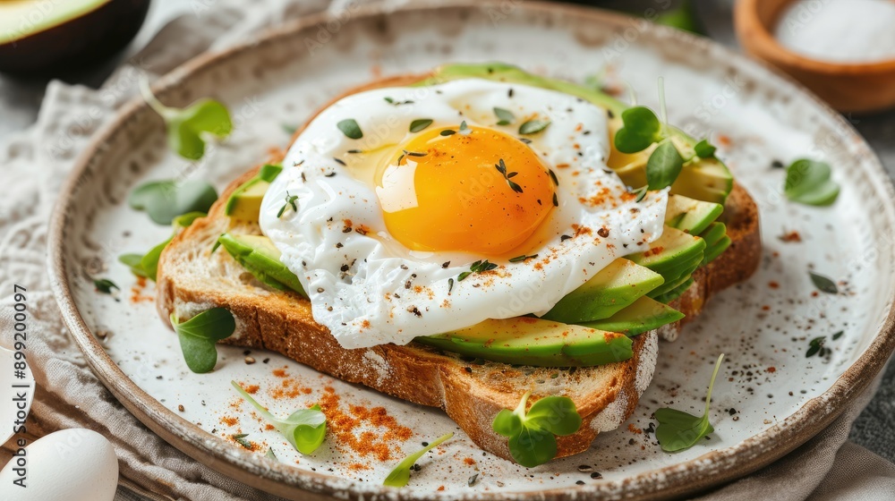 A breakfast scene with toast topped with avocado and a poached egg on a rustic plate. A breakfast scene with toast topped with avocado and a poached egg on a rustic plate.